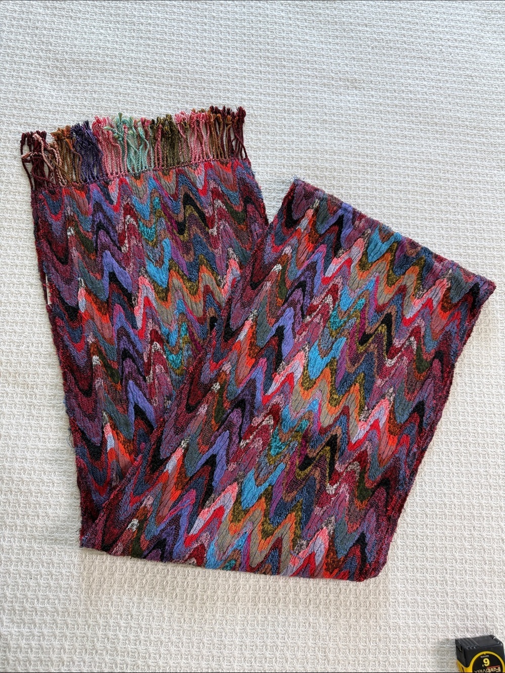 taleen woven colorful abstract print scarf with fringe made in India